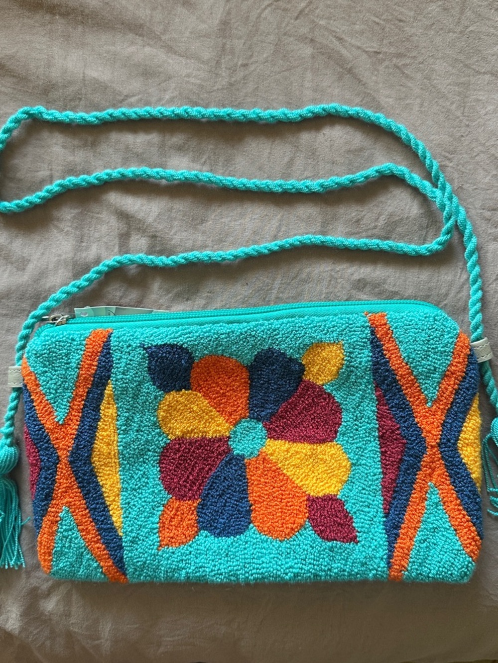 Turquoise Floral Embroidered Crossbody Bag